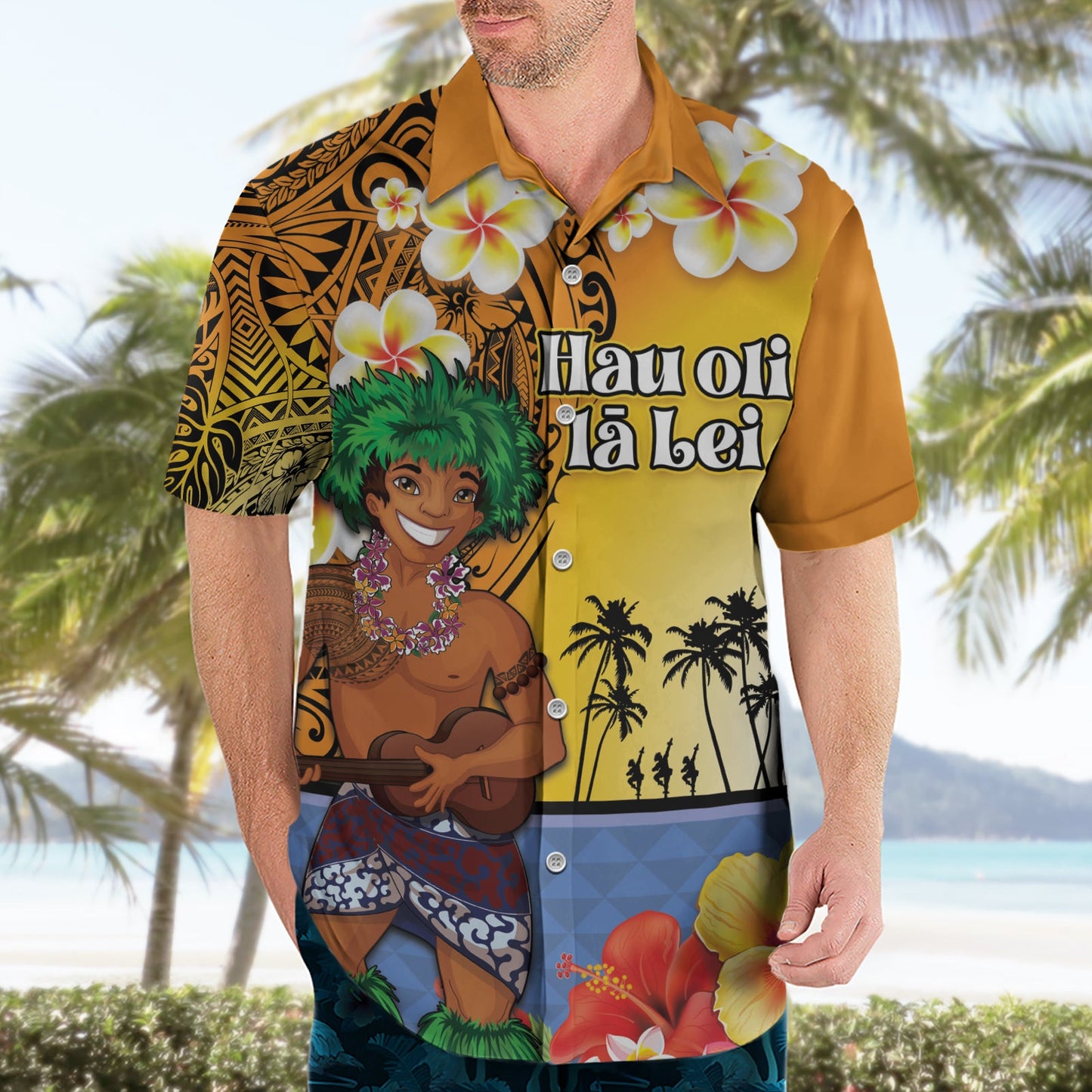 Happy Lei Day Hawaiihemd Hula Tänzer polynesisches Blumen-Kakau-Muster LT03