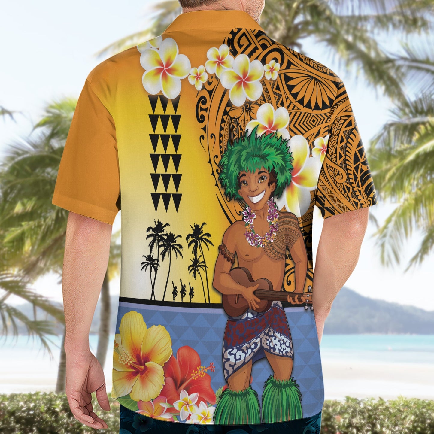 Happy Lei Day Hawaiihemd Hula Tänzer polynesisches Blumen-Kakau-Muster LT03