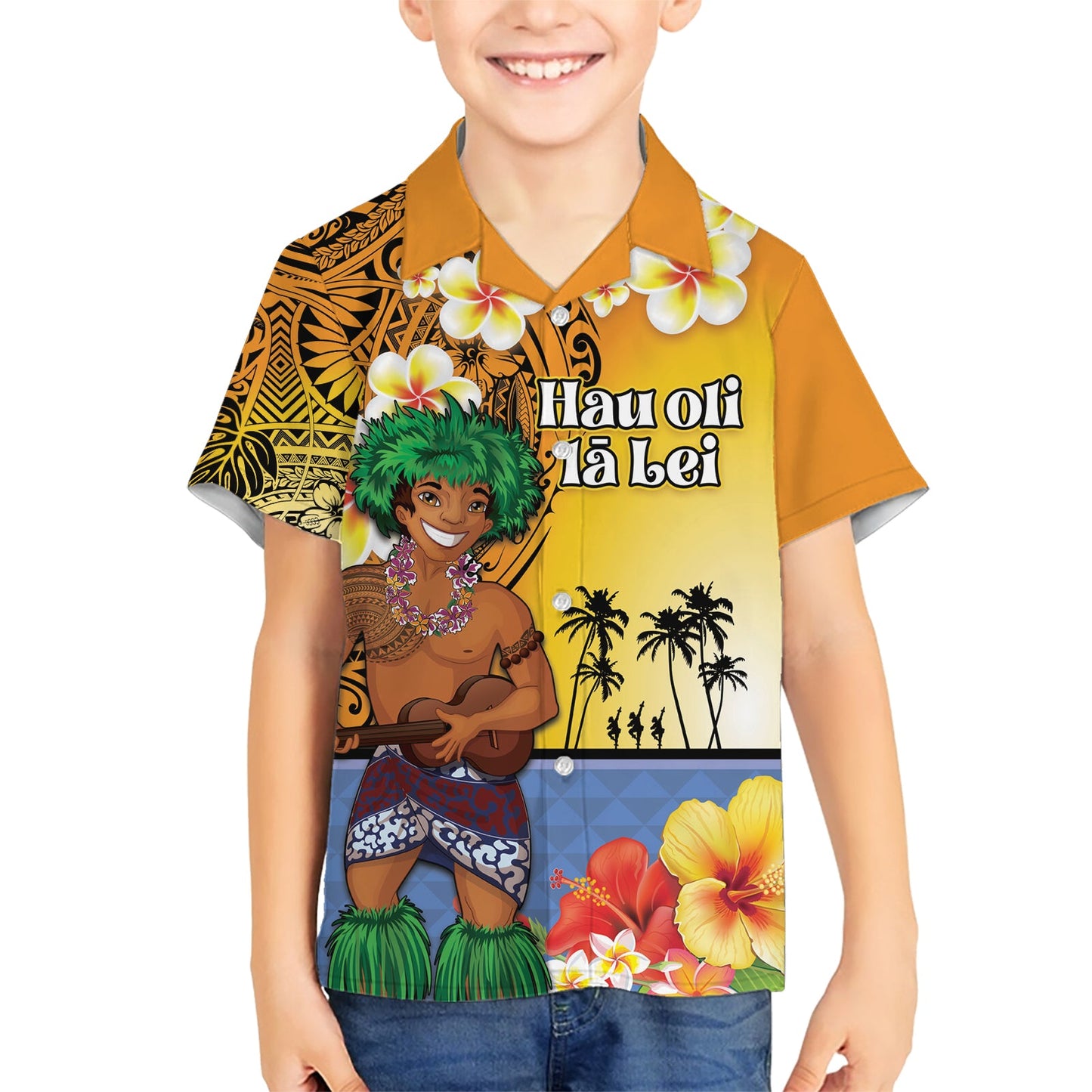 Happy Lei Day Hawaiihemd Hula Tänzer polynesisches Blumen-Kakau-Muster LT03