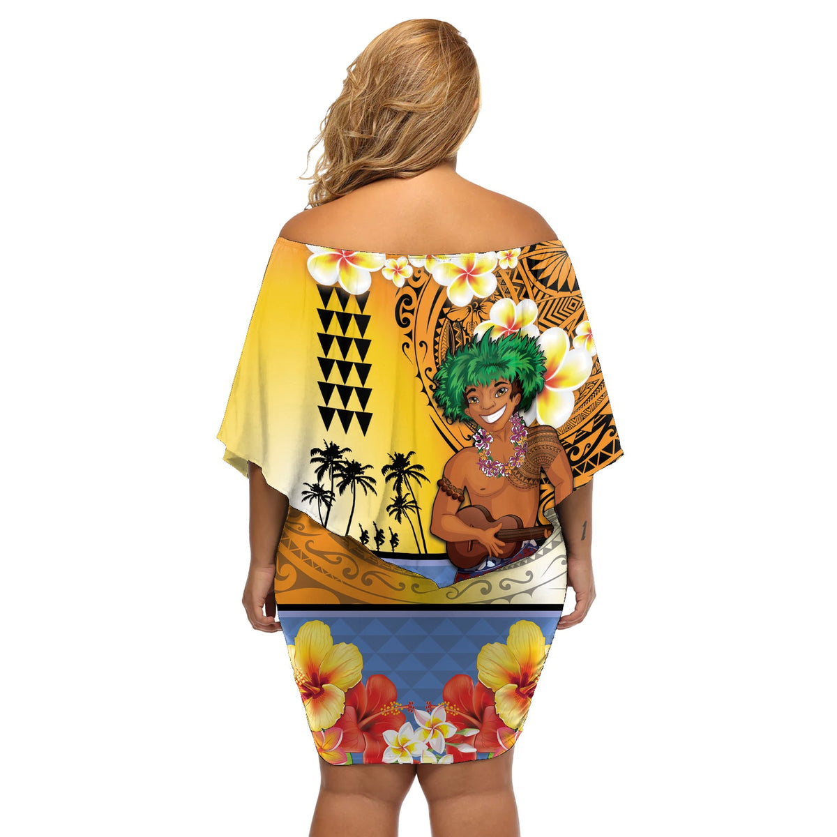 Happy Lei Day Schulterfreies kurzes Kleider blumen Hula Tänzer polynesisches Blumen-Kakau-Muster LT03