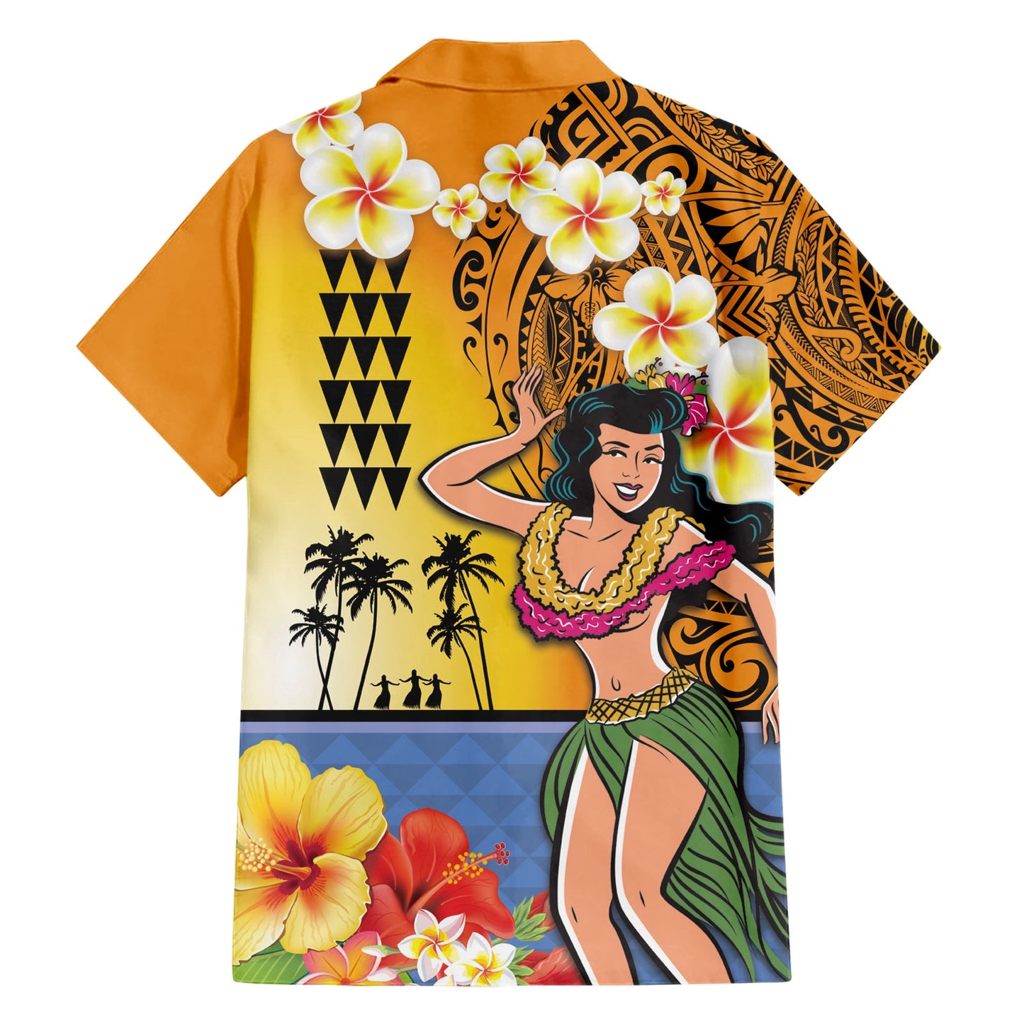 Happy Lei Day Hawaiihemd Hula-Mädchen Polynesisches Blumen-Kakau-Muster LT03
