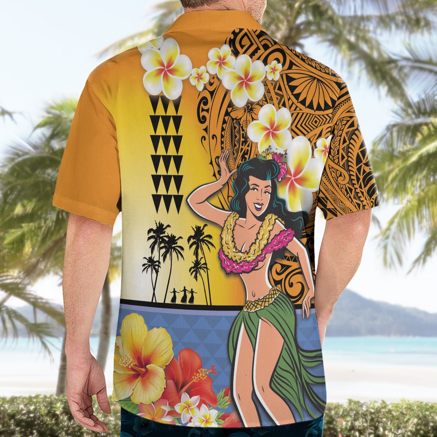 Happy Lei Day Hawaiihemd Hula-Mädchen Polynesisches Blumen-Kakau-Muster LT03