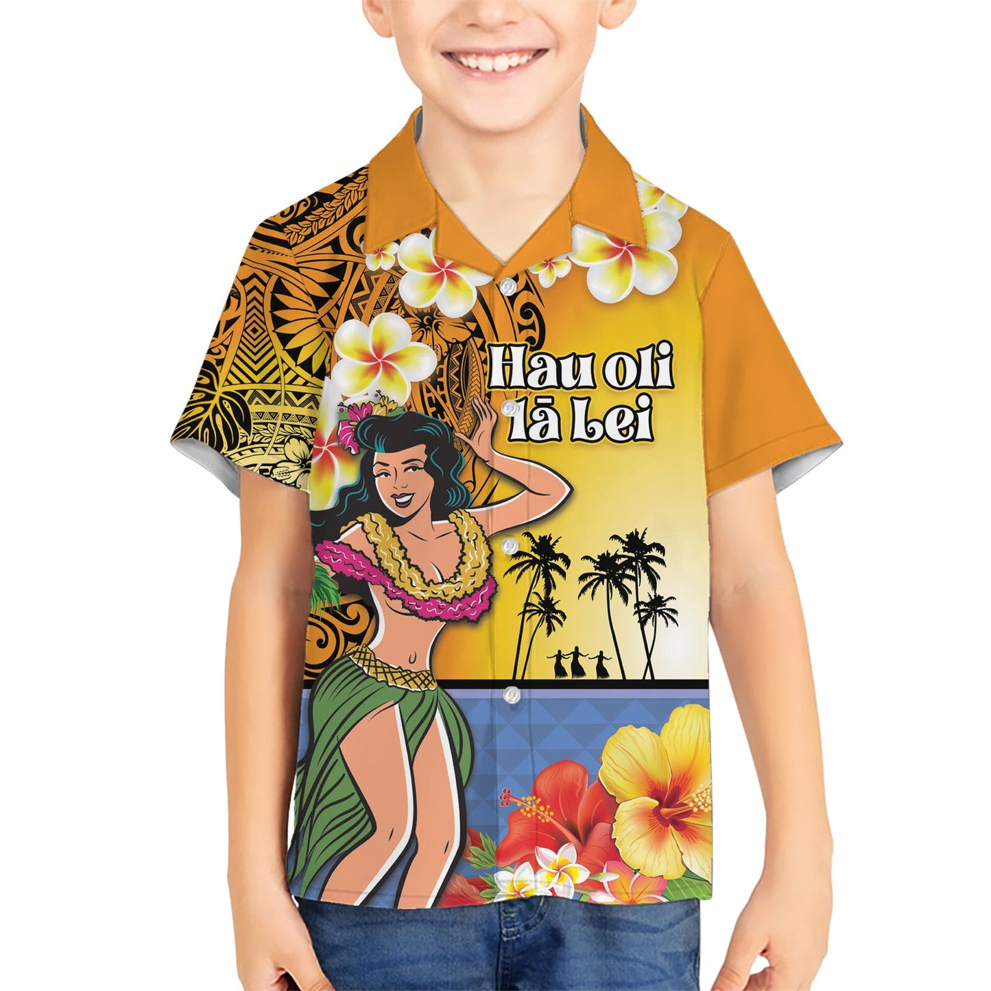 Happy Lei Day Hawaiihemd Hula-Mädchen Polynesisches Blumen-Kakau-Muster LT03