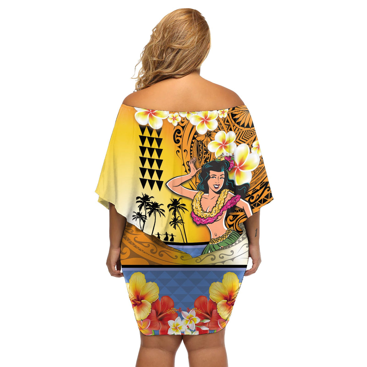 Happy Lei Day Schulterfreies kurzes Kleider blumen Hula-Mädchen Polynesisches Blumen-Kakau-Muster LT03