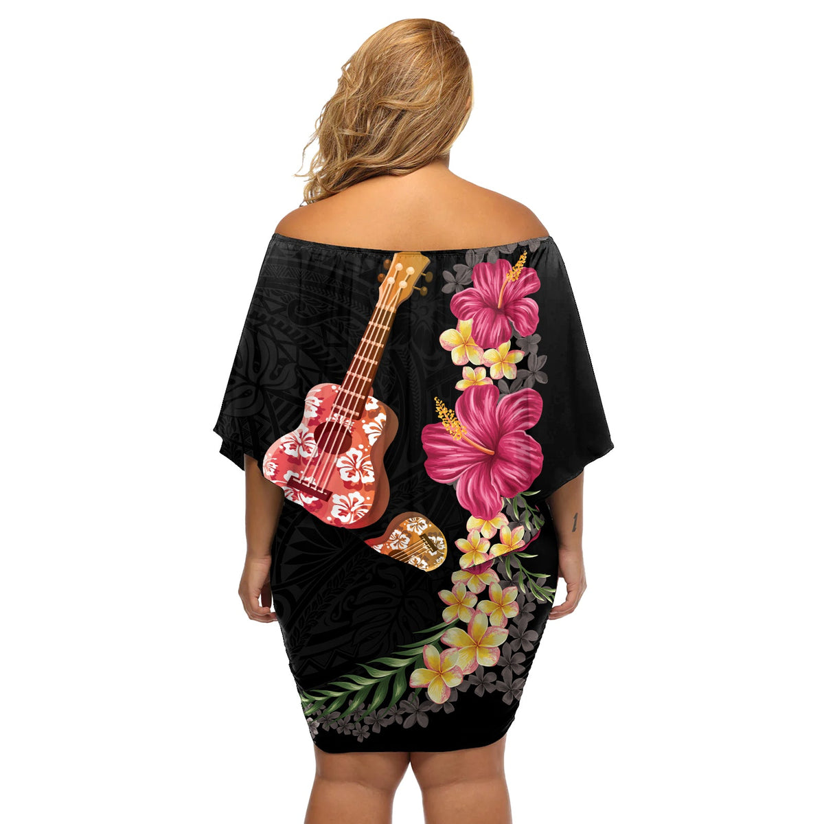 Ukulele Mix Polynesianische Blume Schulterfreies Kurzes Kleider blumen Hawaiian Tribal Muster LT03