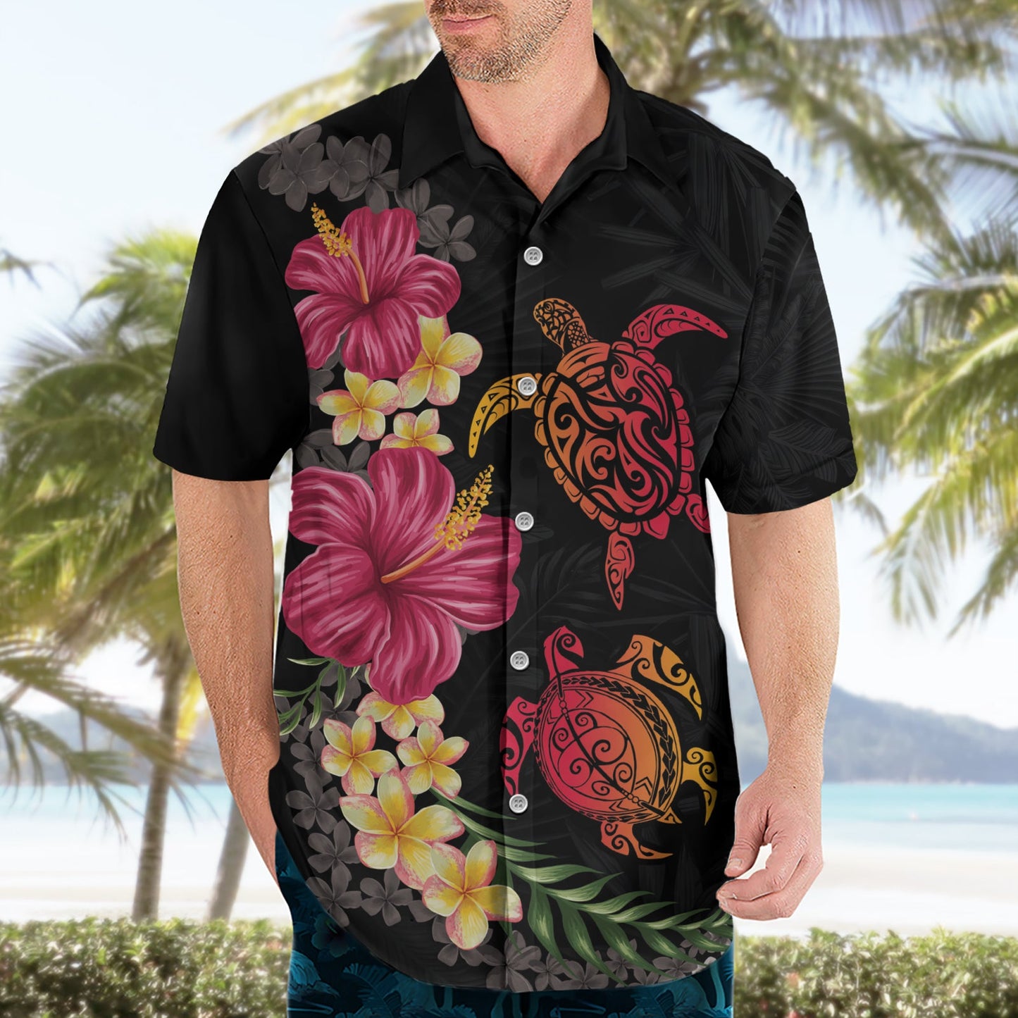 Hawaiianisches Hemd mit Blumen und Stammesschildkröte, bunt, Stil LT03