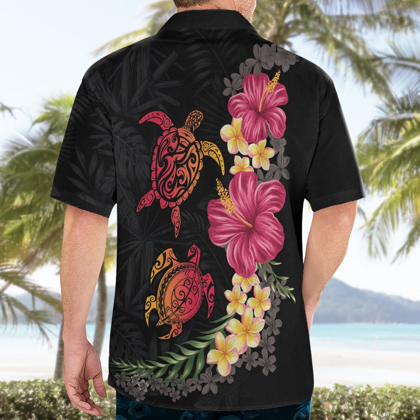 Hawaiianisches Hemd mit Blumen und Stammesschildkröte, bunt, Stil LT03