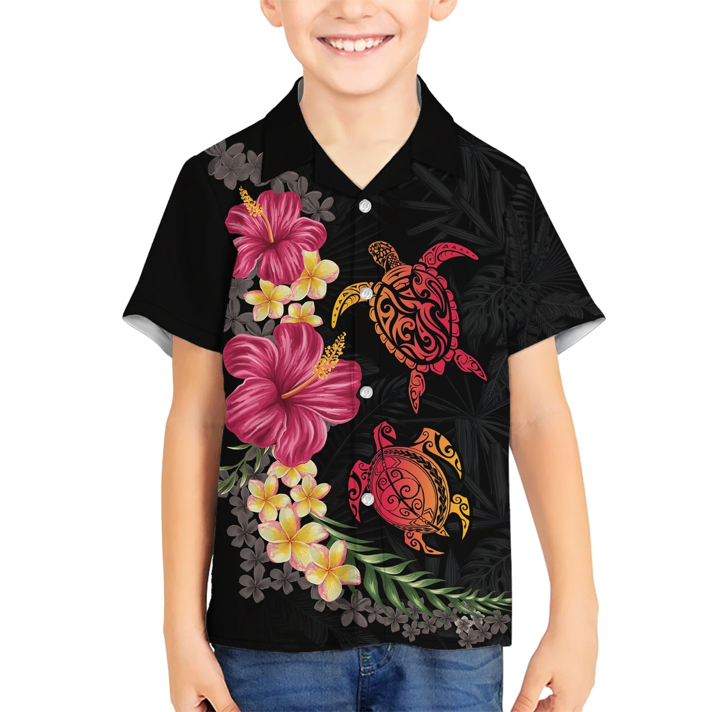 Hawaiianisches Hemd mit Blumen und Stammesschildkröte, bunt, Stil LT03