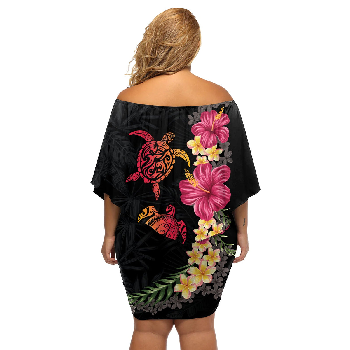 Hawaiianisches Blumen- und Stammesschildkröten-Schulterfreies kurzes Kleider blumen Bunter Stil LT03