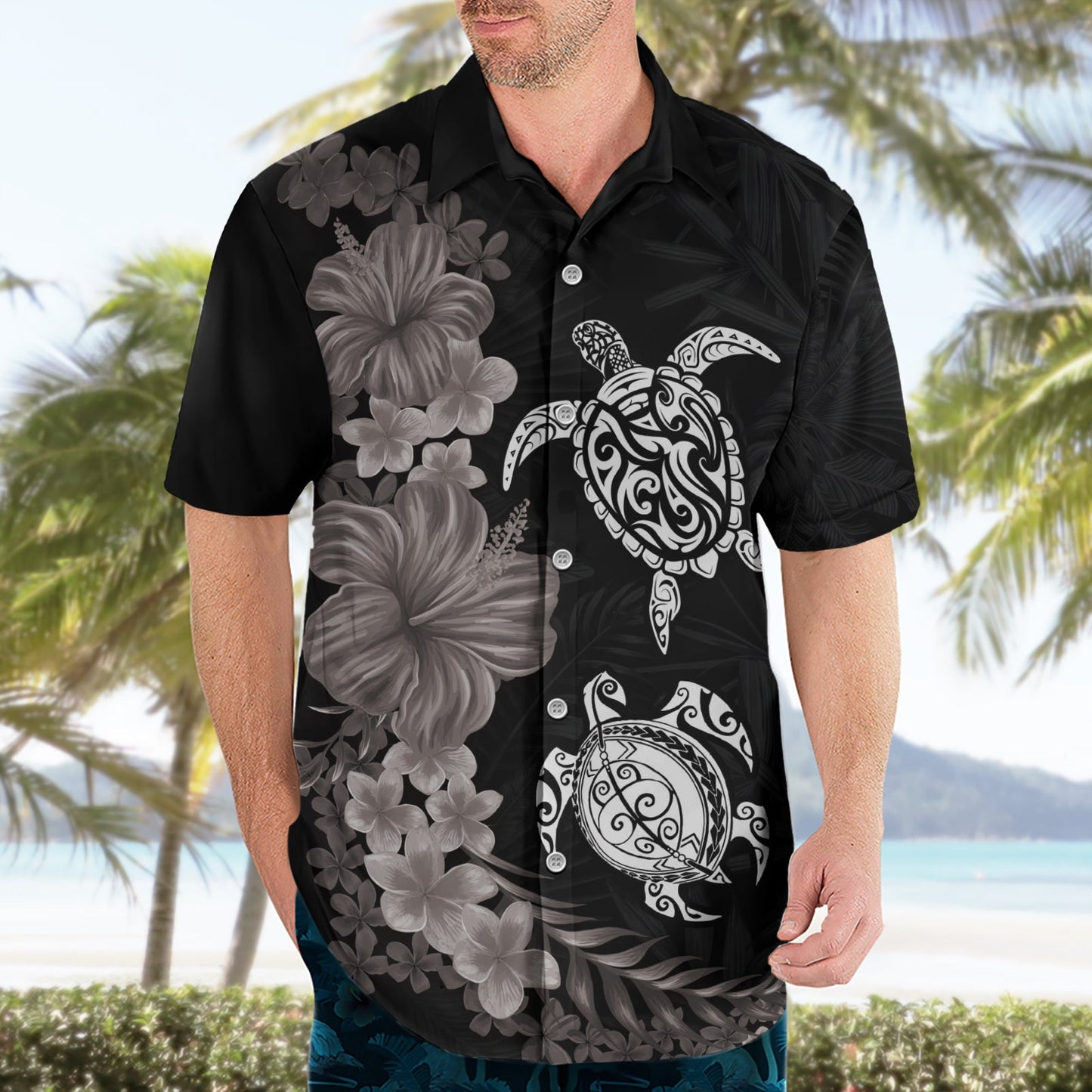 Hawaiianisches Blumen- und Stammesschildkröten-Hawaiihemd Graustufenmodus LT03