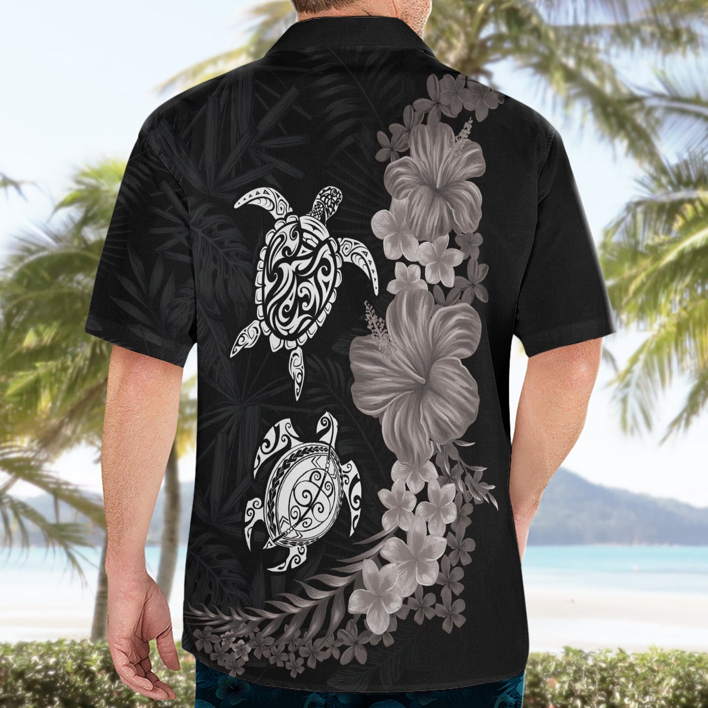Hawaiianisches Blumen- und Stammesschildkröten-Hawaiihemd Graustufenmodus LT03