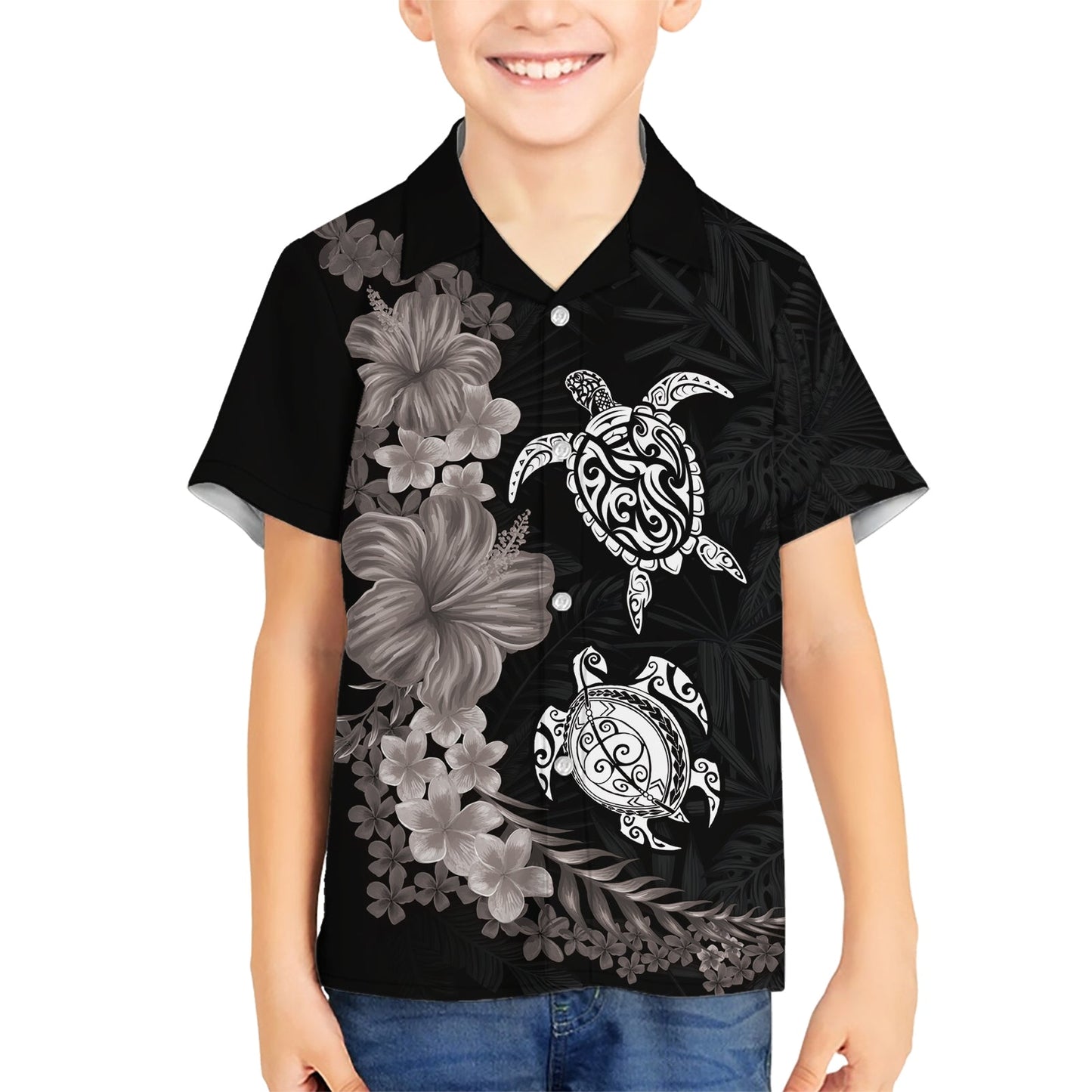 Hawaiianisches Blumen- und Stammesschildkröten-Hawaiihemd Graustufenmodus LT03