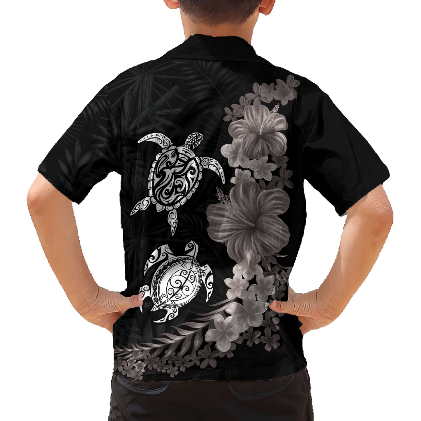 Hawaiianisches Blumen- und Stammesschildkröten-Hawaiihemd Graustufenmodus LT03