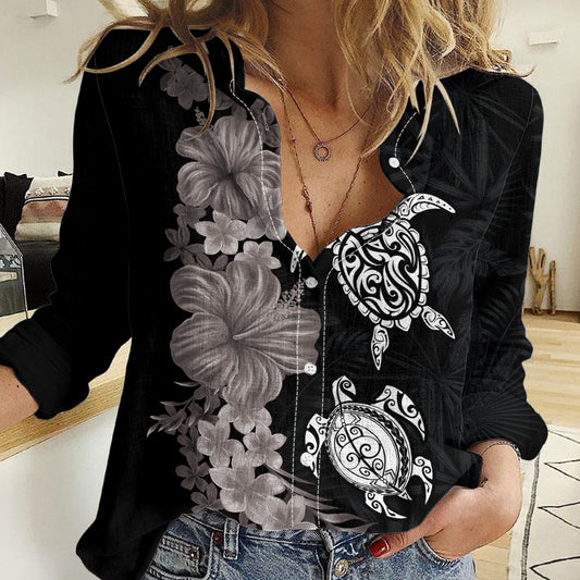 Hawaiian Flower and Tribal Turtle Women Casual Shirt Grayscale Mode