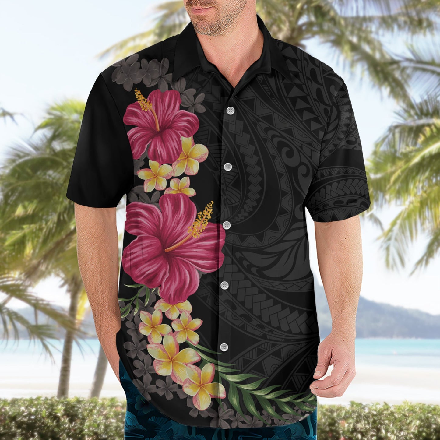 Hawaiianisches Plumeria- und Hibiskus-Hawaii-Hemd, farbenfroher Stil LT03