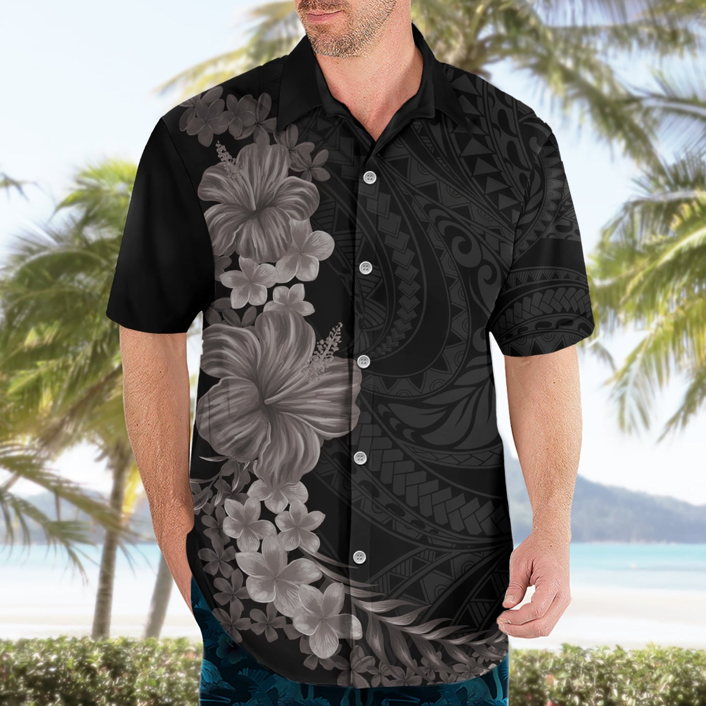 Hawaiianisches Plumeria- und Hibiskus-Hawaii-Hemd in Graustufen, Modus LT03