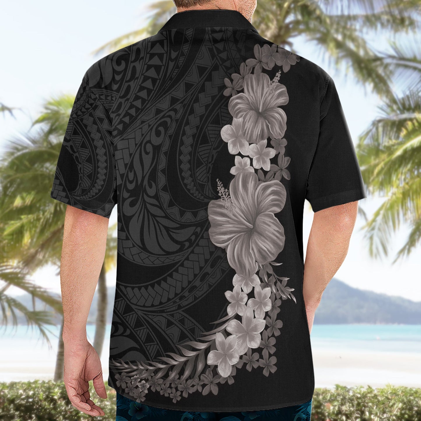 Hawaiianisches Plumeria- und Hibiskus-Hawaii-Hemd in Graustufen, Modus LT03