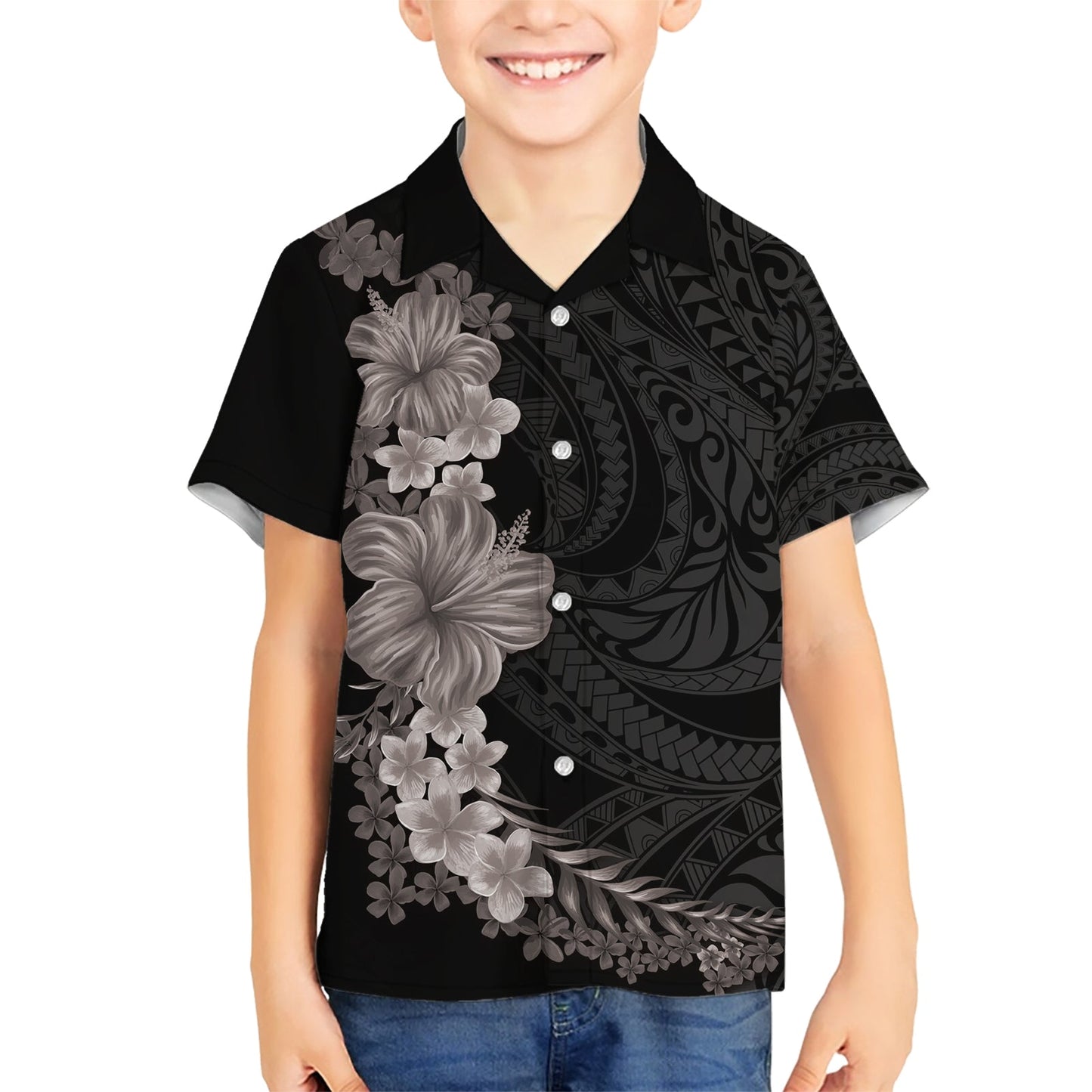 Hawaiianisches Plumeria- und Hibiskus-Hawaii-Hemd in Graustufen, Modus LT03