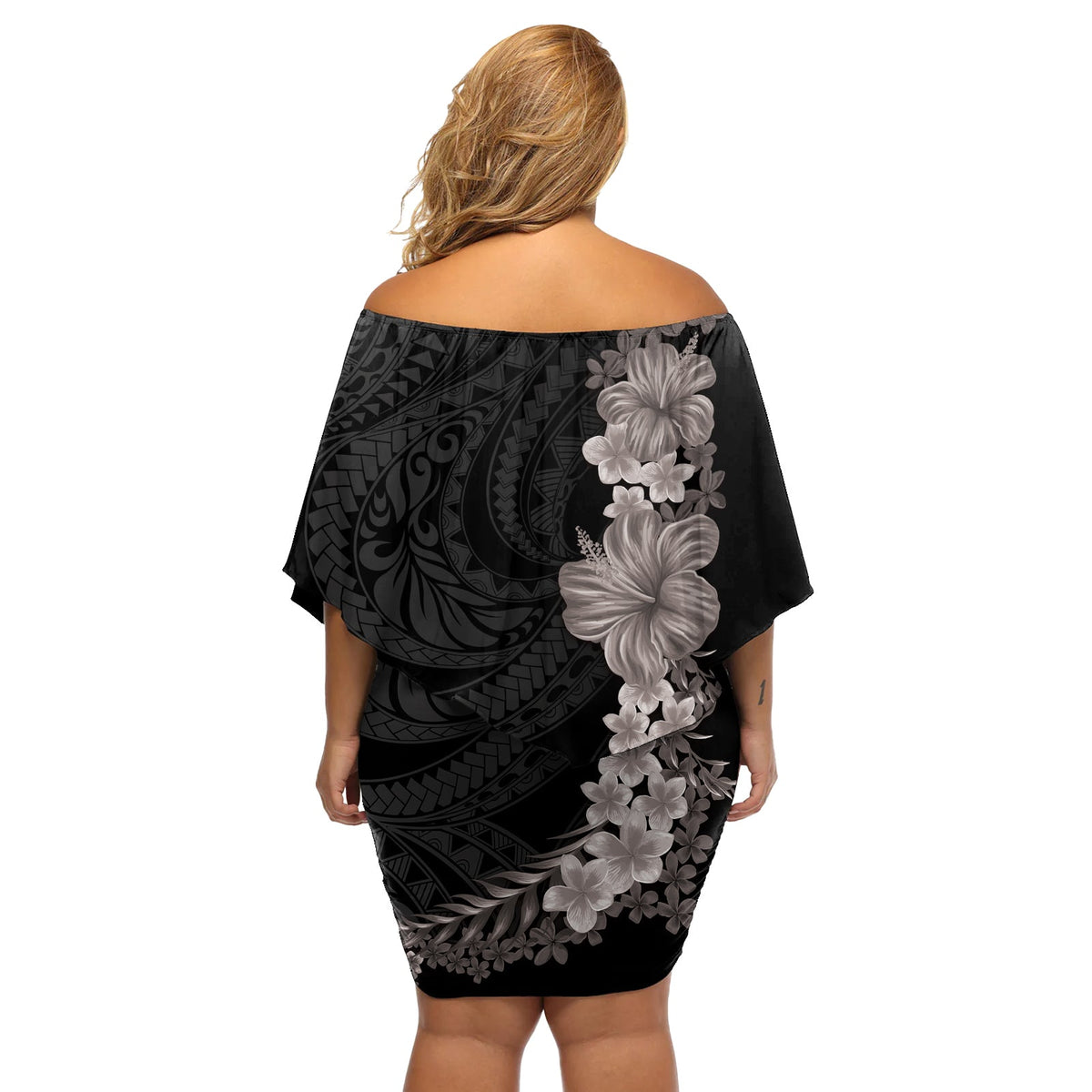 Hawaiianisches Plumeria- und Hibiskus-Kurzkleid mit schulterfreiem Schnitt, Graustufenmodus LT03