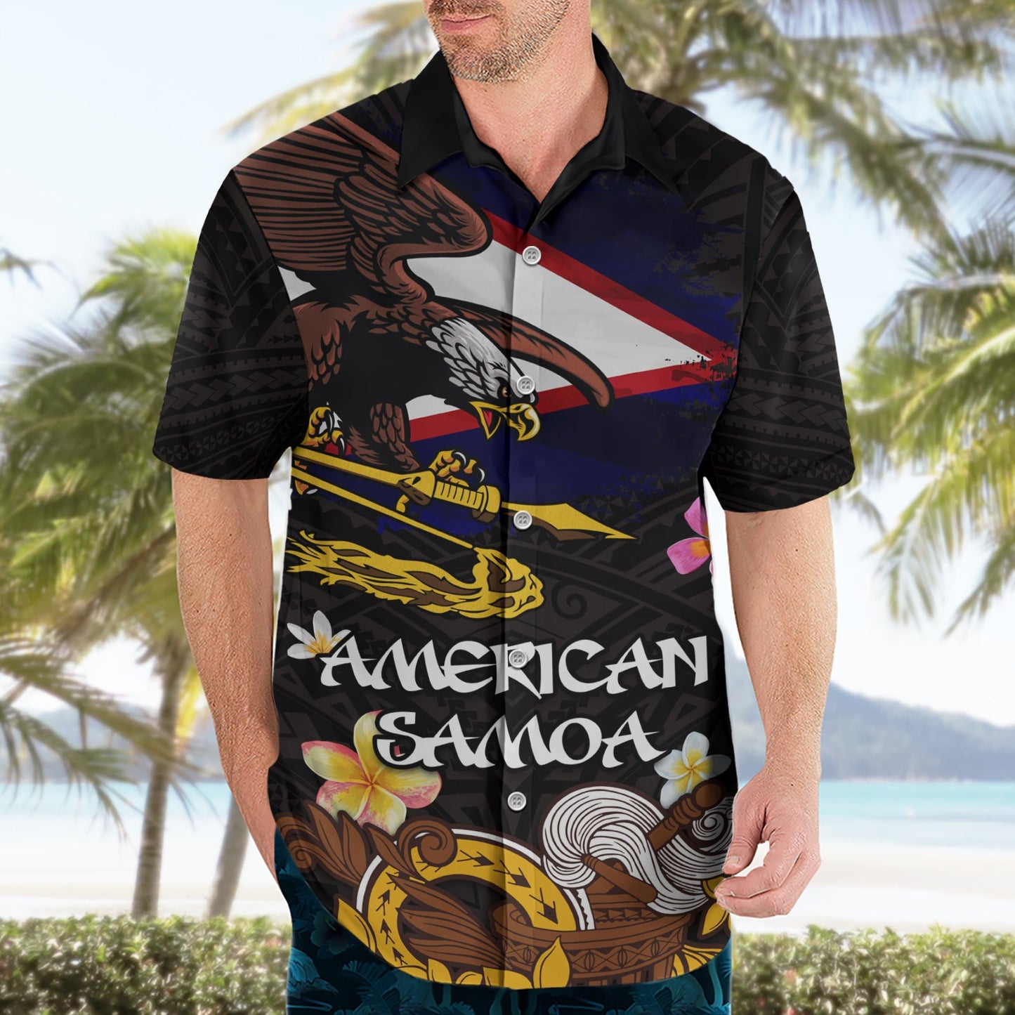 Amerikanisch-Samoa Fue und Kava Schale Hawaiihemd Plumeria und polynesisches Muster LT03