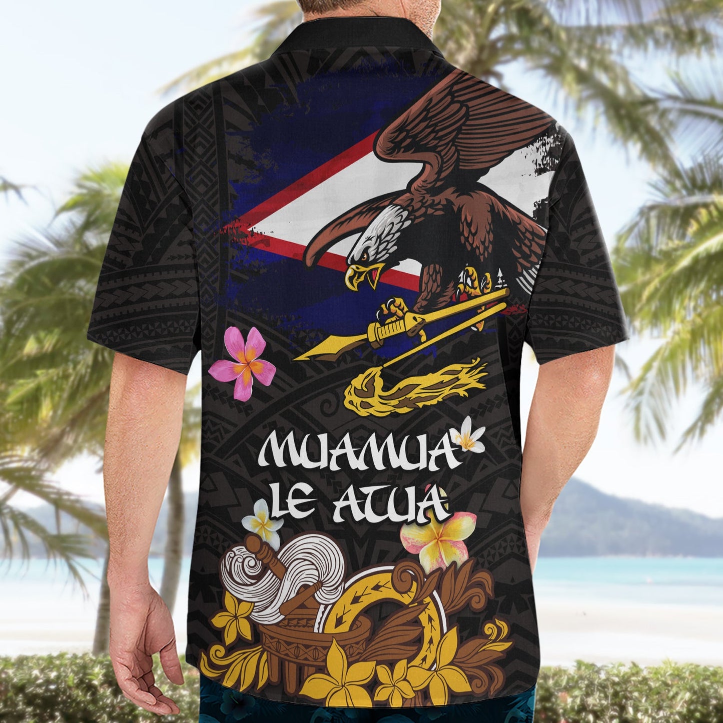 Amerikanisch-Samoa Fue und Kava Schale Hawaiihemd Plumeria und polynesisches Muster LT03