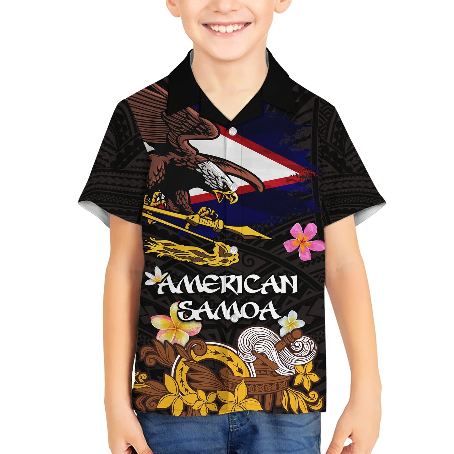 Amerikanisch-Samoa Fue und Kava Schale Hawaiihemd Plumeria und polynesisches Muster LT03