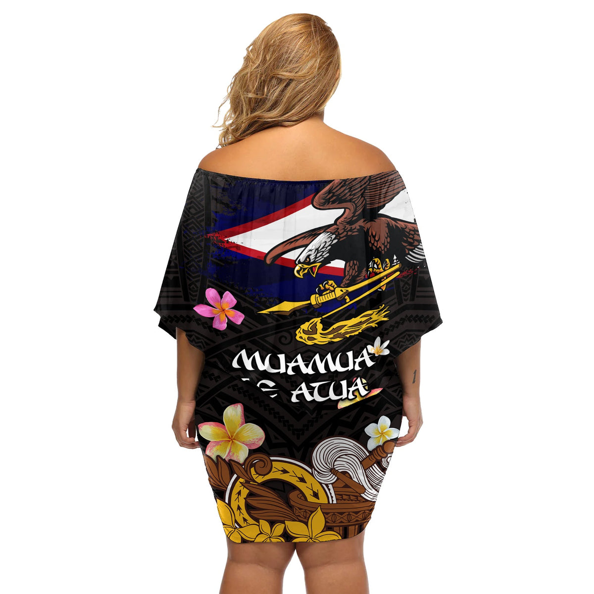 Amerikanisch-Samoa Fue und Kava Bowl Off Shoulder Kurzes blumen kleid Plumeria und polynesisches Muster LT03
