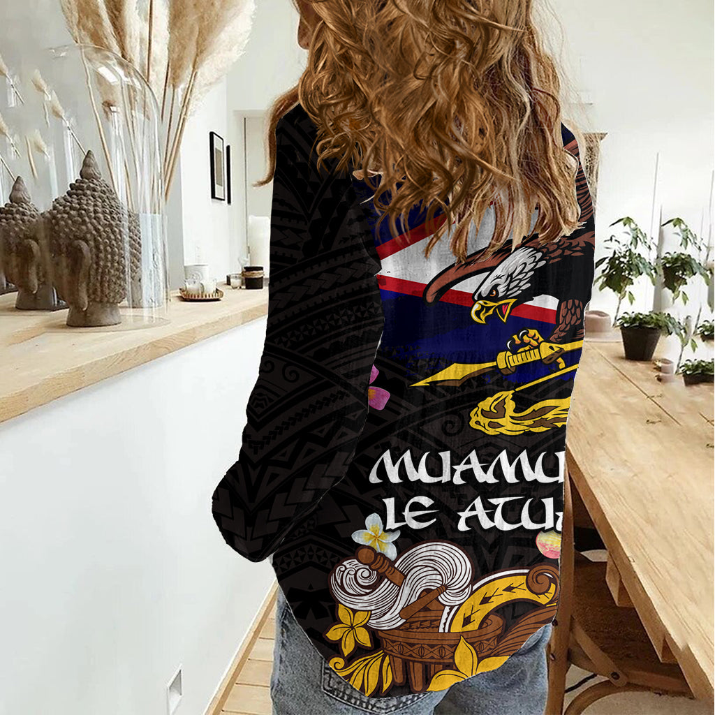 American Samoa Fue und Kava Bowl Damen Freizeithemd Plumeria und polynesisches Muster LT03