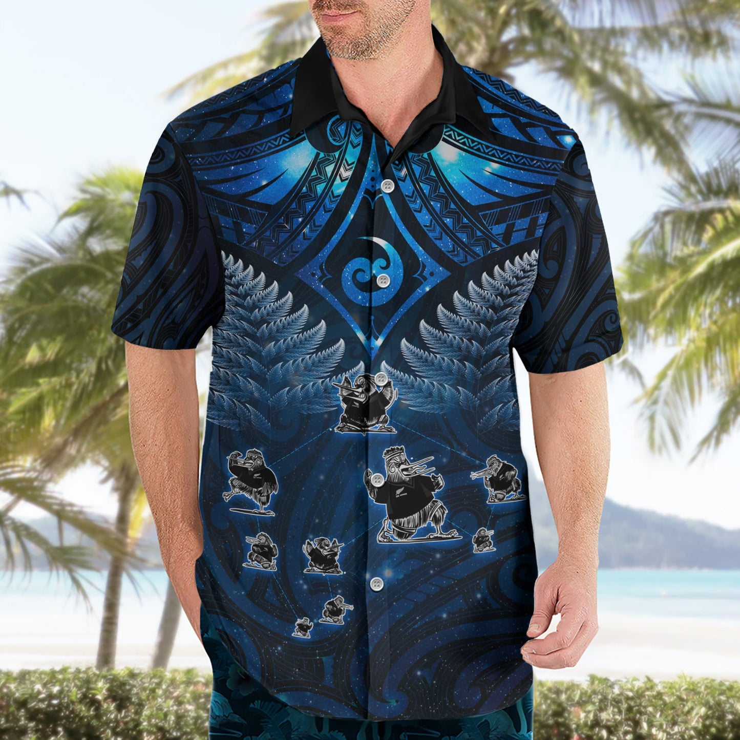 Neuseeländisches Matariki Hawaiihemd Maori-Muster und Kiwi-Vogel Haka Tanz Himmel Nacht LT03