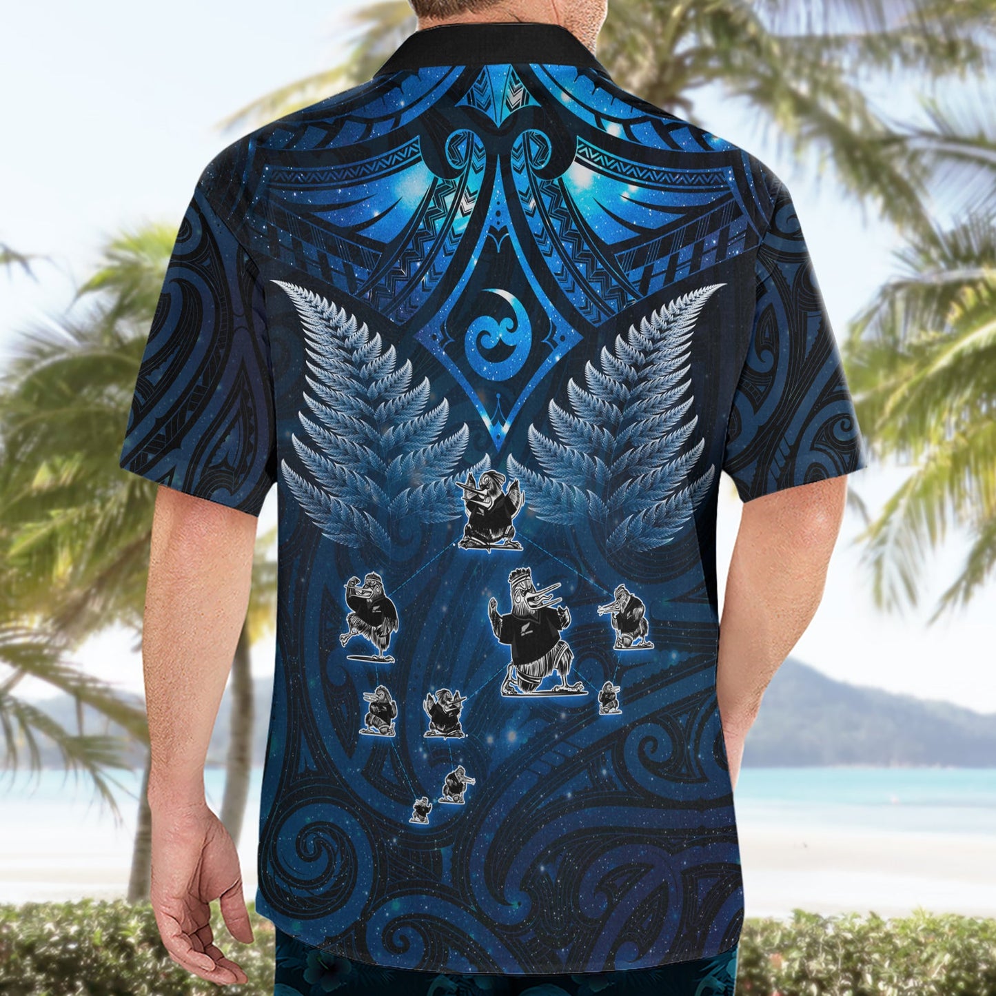 Neuseeländisches Matariki Hawaiihemd Maori-Muster und Kiwi-Vogel Haka Tanz Himmel Nacht LT03