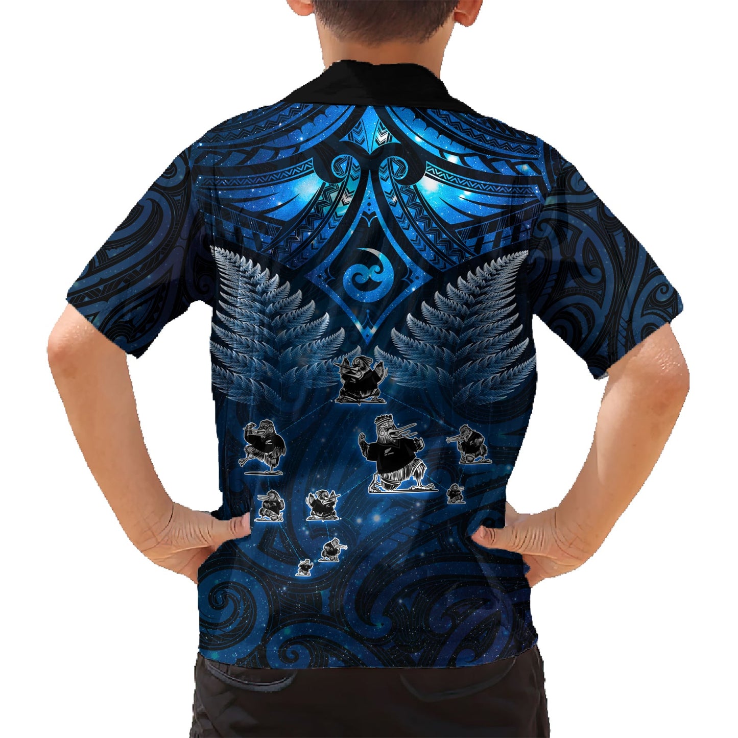Neuseeländisches Matariki Hawaiihemd Maori-Muster und Kiwi-Vogel Haka Tanz Himmel Nacht LT03