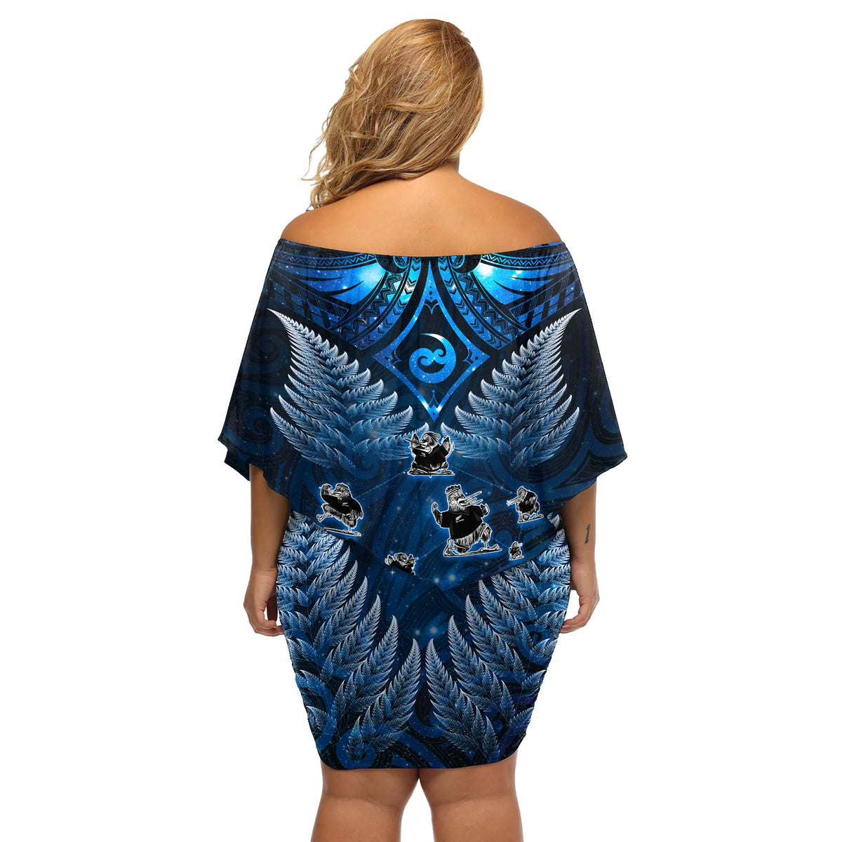 Neuseeländisches Matariki-Schulterfreies, kurzes blumen kleid mit Maori-Muster und Kiwi-Vogel-Haka-Tanz, Himmelsnacht LT03