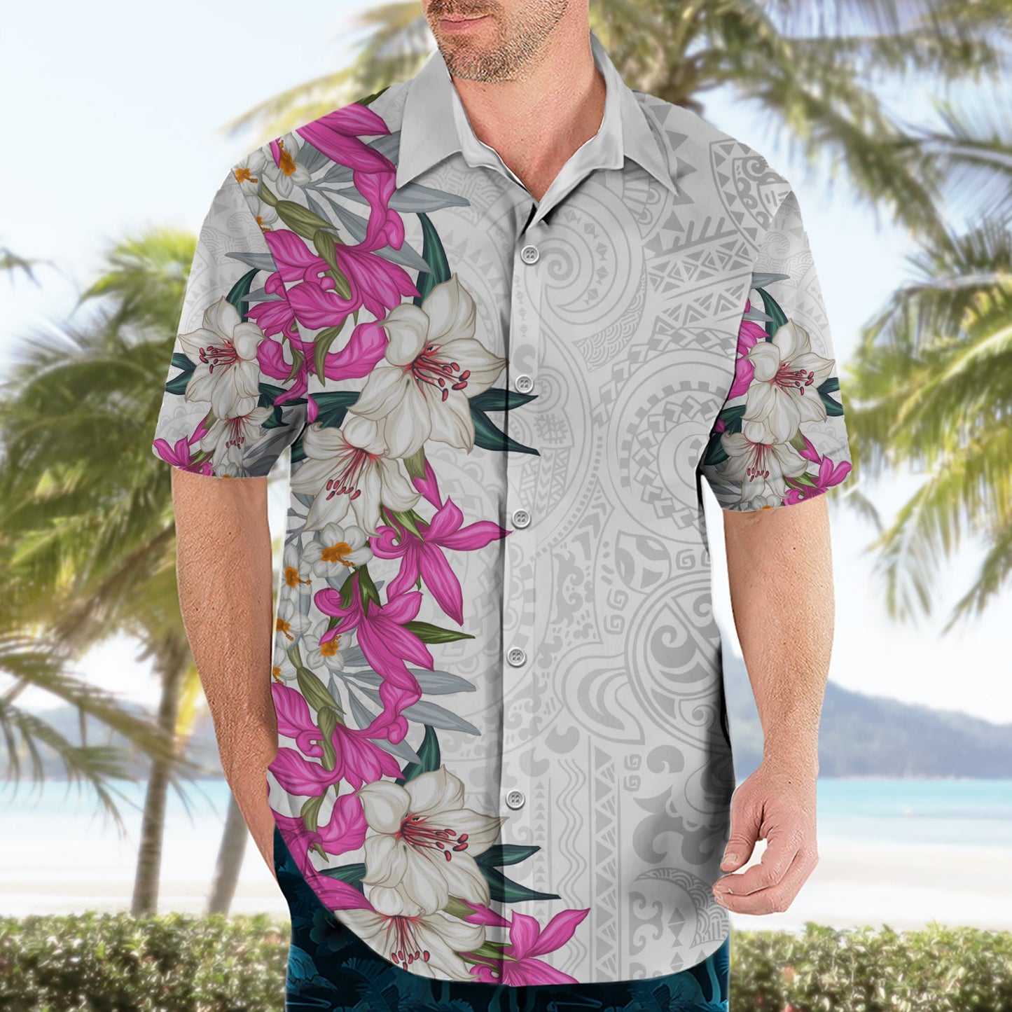 Hawaii Tropische Blätter und Blumen Hawaiihemd Tribal Polynesian Muster Weiß Stil LT03