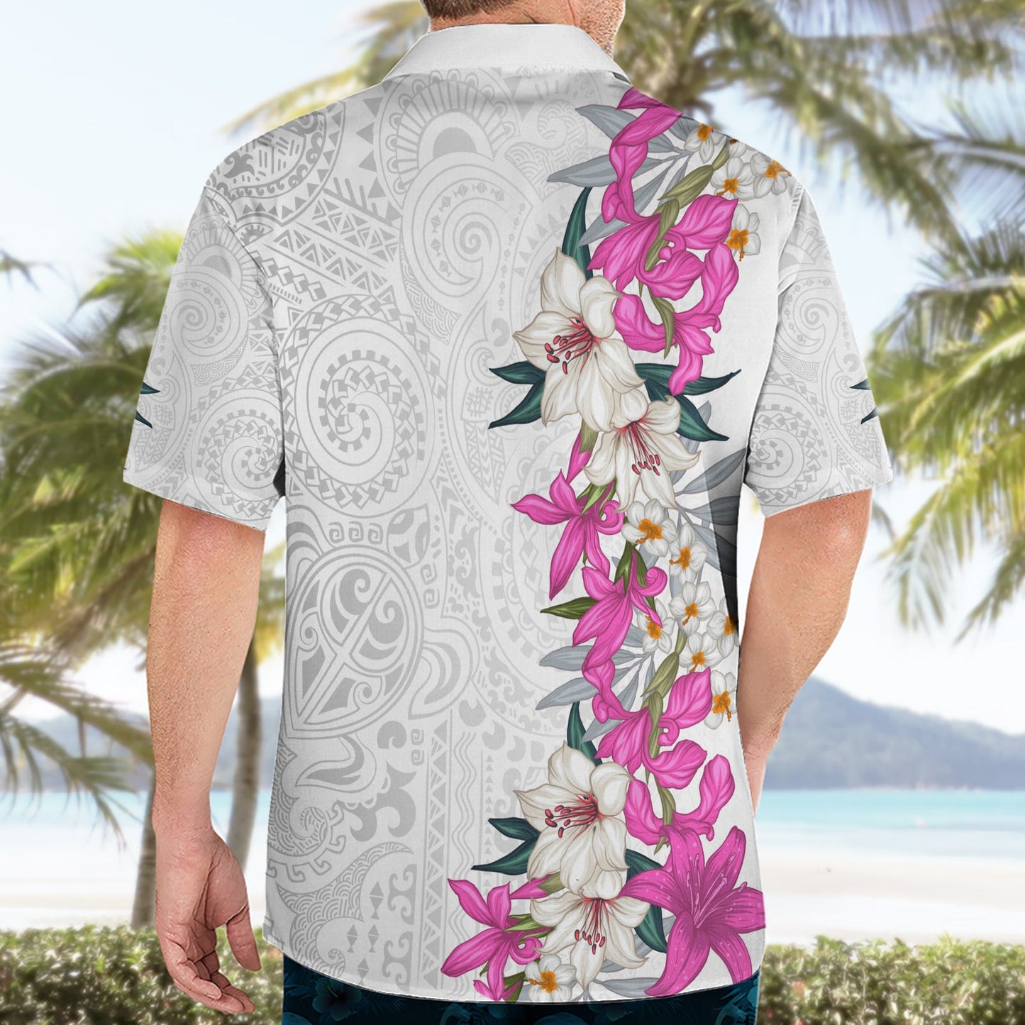 Hawaii Tropische Blätter und Blumen Hawaiihemd Tribal Polynesian Muster Weiß Stil LT03