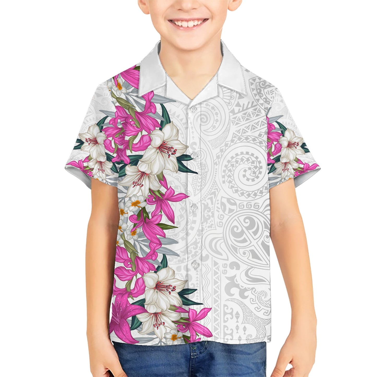 Hawaii Tropische Blätter und Blumen Hawaiihemd Tribal Polynesian Muster Weiß Stil LT03