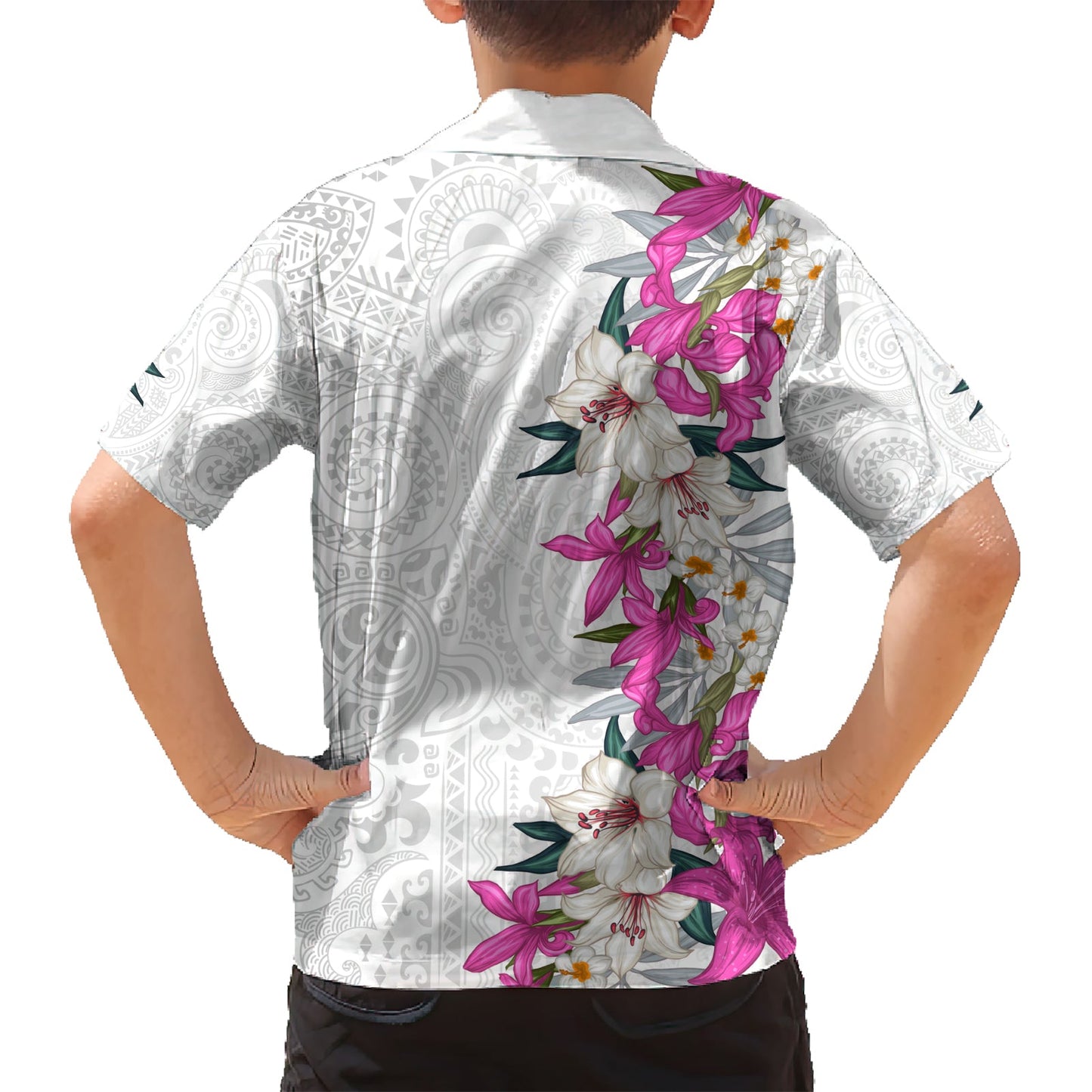 Hawaii Tropische Blätter und Blumen Hawaiihemd Tribal Polynesian Muster Weiß Stil LT03