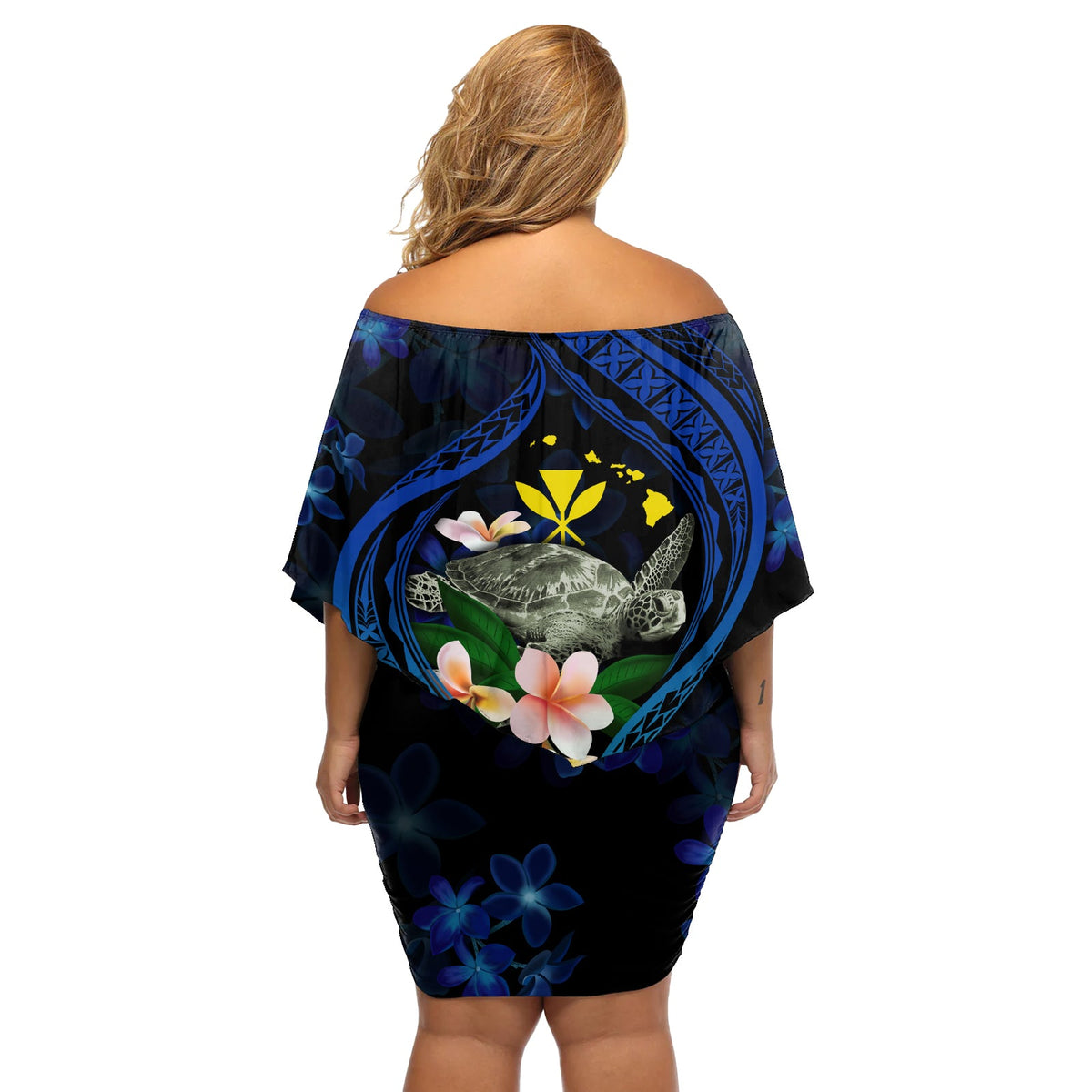 Hawaii Schildkröte Plumeria Blume Fantasievolle Off Schulter Kurzes blumen kleid LT03