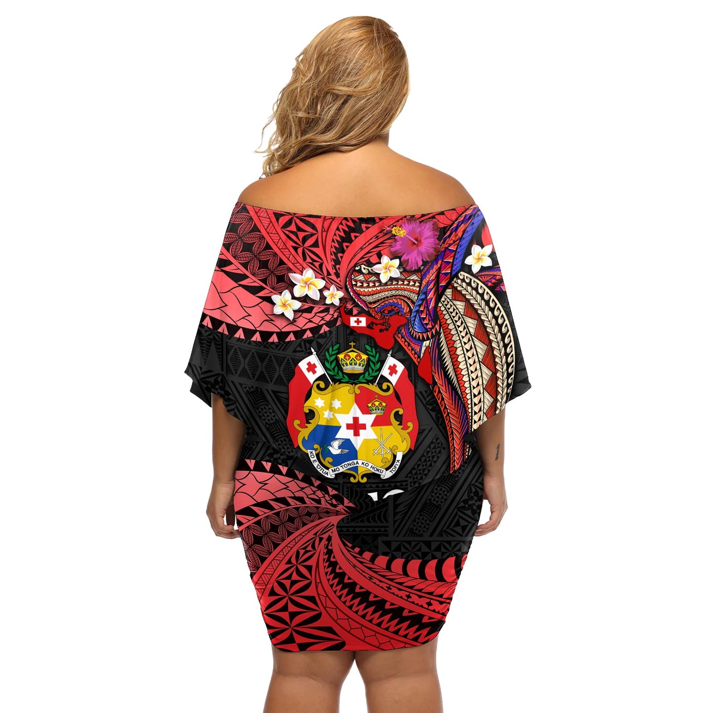 Tonga Emanzipationstag Schulterfreies Kurzes blumen kleid Ngatu Buckelwal Polynesische Blume LT03
