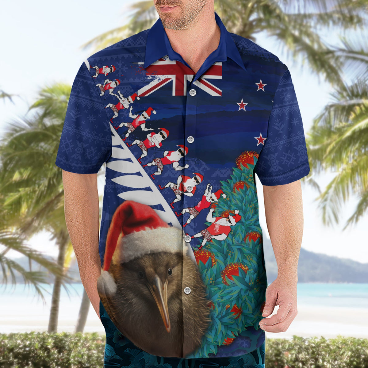 Neuseeland Weihnachten Hawaiihemd Kiwi Vogel Weihnachtsmann und Silberfarn Lustiger Haka Tanz LT03