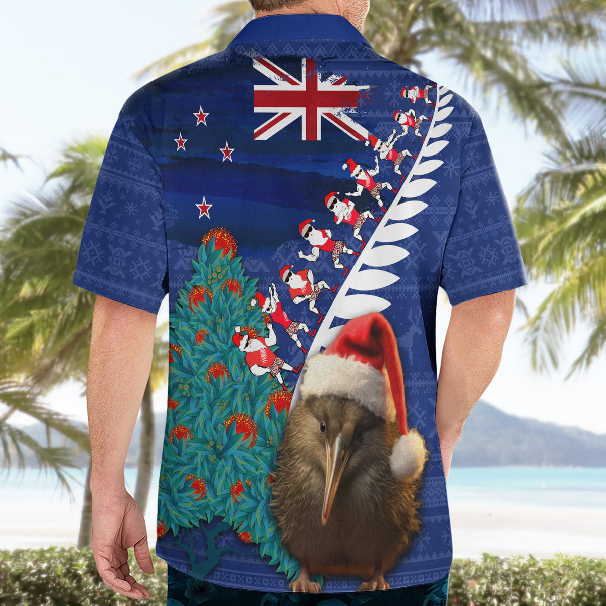 Neuseeland Weihnachten Hawaiihemd Kiwi Vogel Weihnachtsmann und Silberfarn Lustiger Haka Tanz LT03