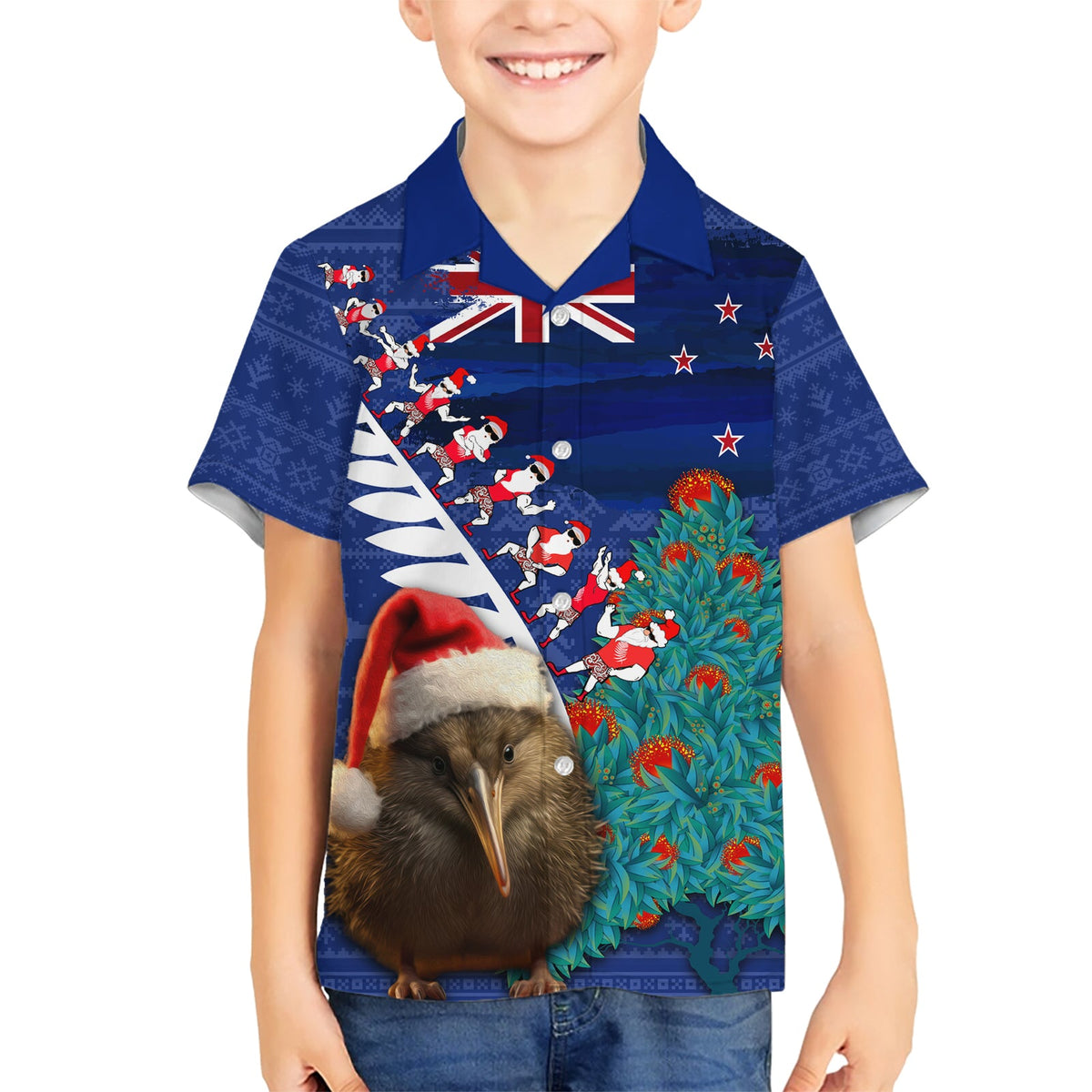 Neuseeland Weihnachten Hawaiihemd Kiwi Vogel Weihnachtsmann und Silberfarn Lustiger Haka Tanz LT03