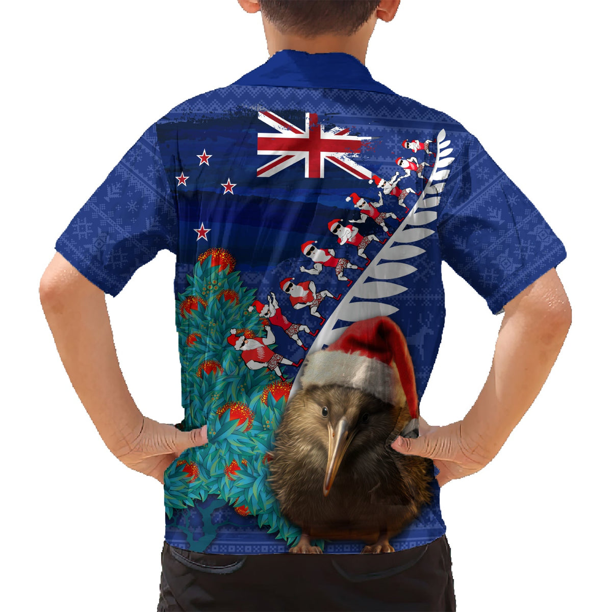 Neuseeland Weihnachten Hawaiihemd Kiwi Vogel Weihnachtsmann und Silberfarn Lustiger Haka Tanz LT03