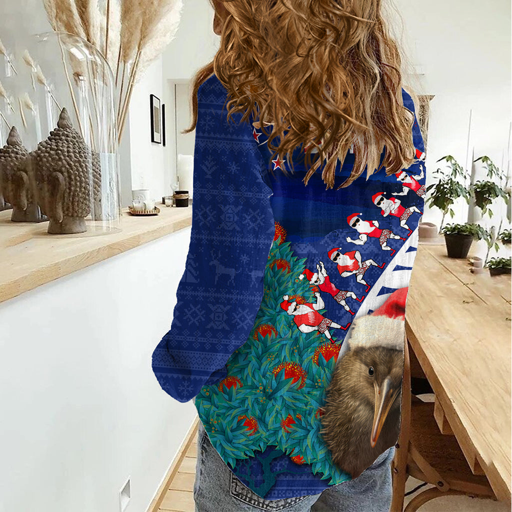 Neuseeland Weihnachten Frauen Casual Shirt Kiwi Vogel Santa und Silber Farn Lustige Haka Tanz LT03