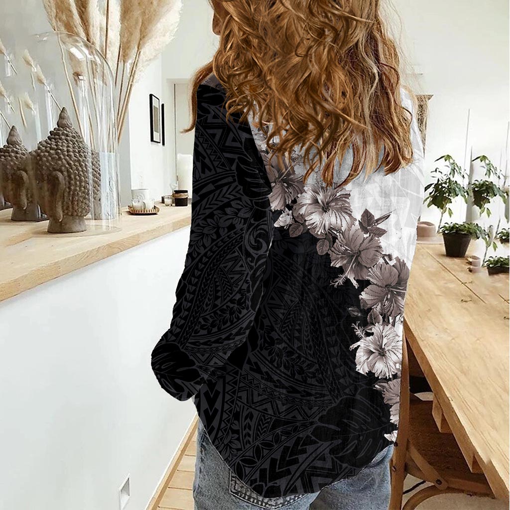 Hawaii Graustufen Hibiskus Blumen Frauen Casual Shirt Polynesian Muster Mit Halb Schwarz Weiß Version LT03