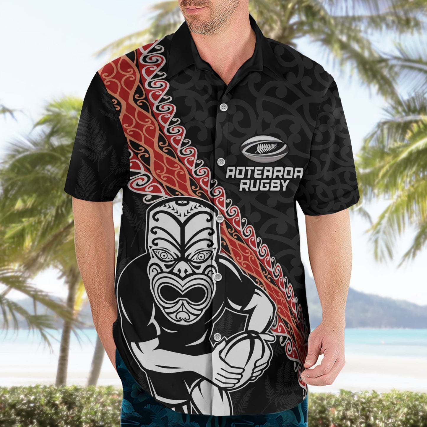 Neuseeland Maori Warrior Rugby Hawaiihemd Maori und Silver Fern Half Style LT03