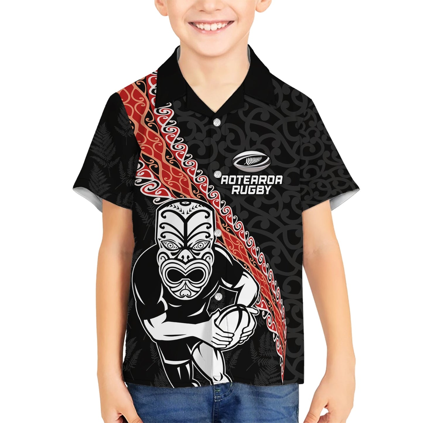 Neuseeland Maori Warrior Rugby Hawaiihemd Maori und Silver Fern Half Style LT03
