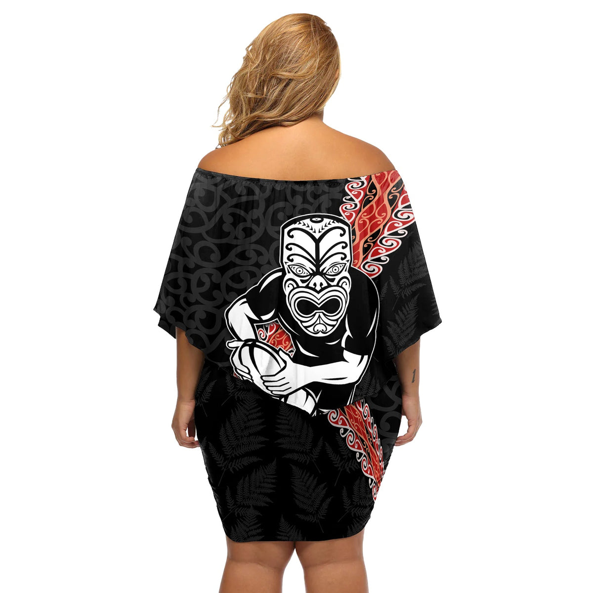 Neuseeländisches Maori-Krieger-Rugby-Kleid mit blumen, schulterfrei, kurzes Maori-Kleid mit blumen mit silbernem Farn, halber Stil LT03
