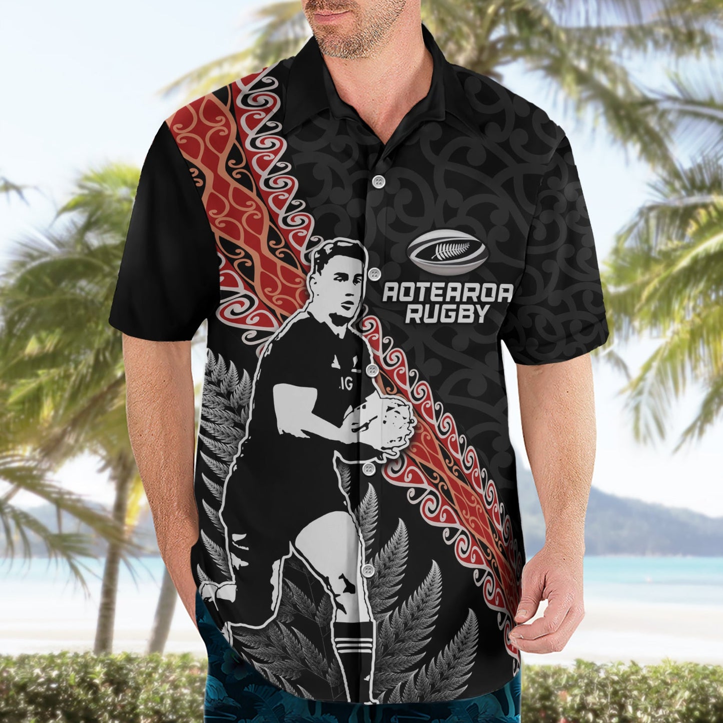 Hawaii-Hemd mit Maori-Rugby-Spieler aus Neuseeland, Maori- und Silberfarn-Halbstil LT03