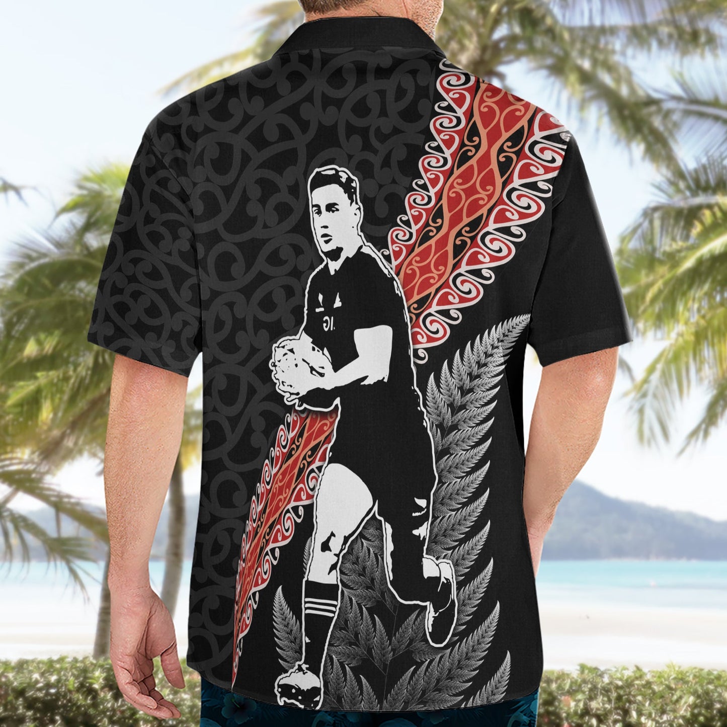 Hawaii-Hemd mit Maori-Rugby-Spieler aus Neuseeland, Maori- und Silberfarn-Halbstil LT03