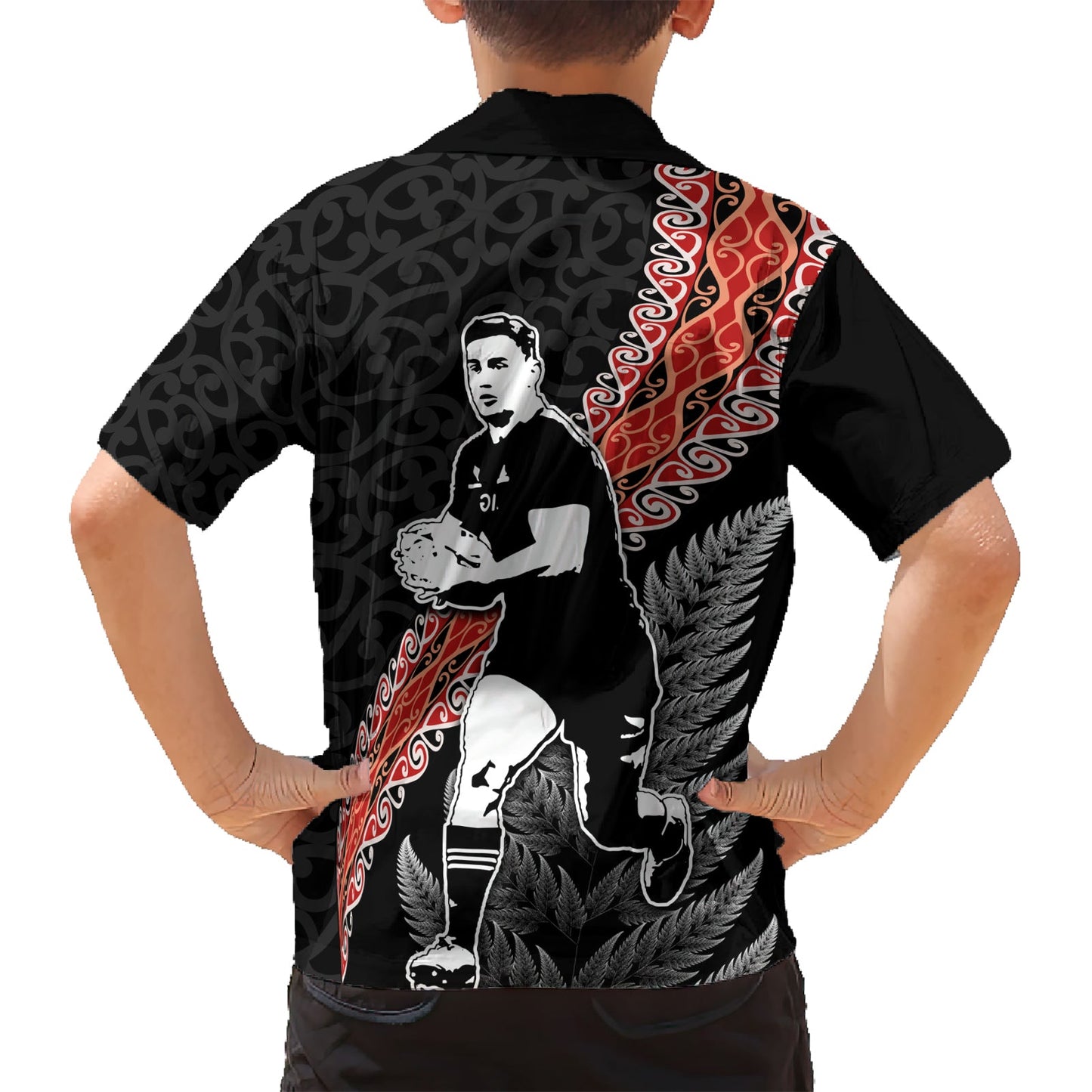 Hawaii-Hemd mit Maori-Rugby-Spieler aus Neuseeland, Maori- und Silberfarn-Halbstil LT03